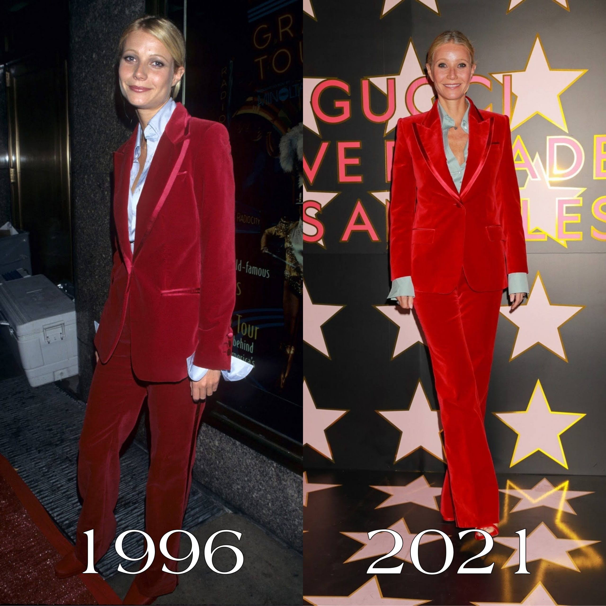 Gwyneth Paltrow e il tailleur rosso di Gucci.