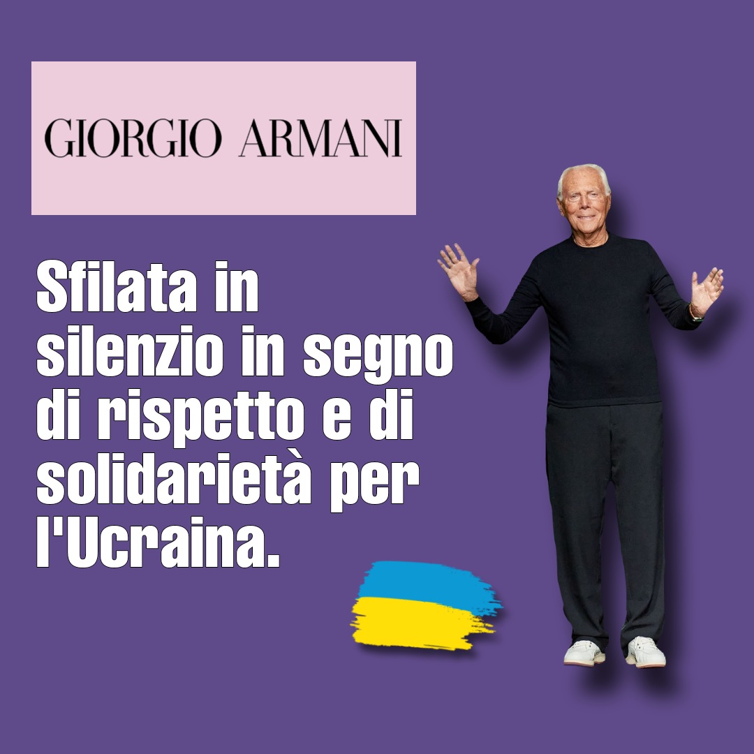 Giorgio Armani: la sfilata della collezione autunno inverno 22-23 in silenzio in segno di rispetto e di solidarietà per l'Ucraina. 