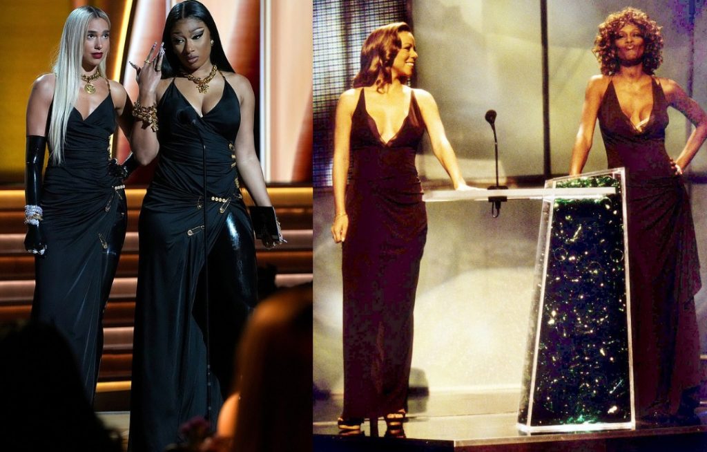 Grammy 2022: Dua Lipa e Megan Thee Stallion litigano per un vestito di Versace come Withney Houston e Mariah Carey nel 1998.